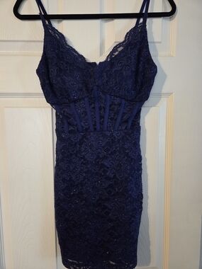 Morgan & Co. Navy Blue Lace Dress with Sparkle and Sheer Corset Panel